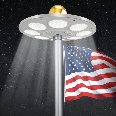 PPQ solar flag-pole light delivers full coverage at night with 136 LEDs.