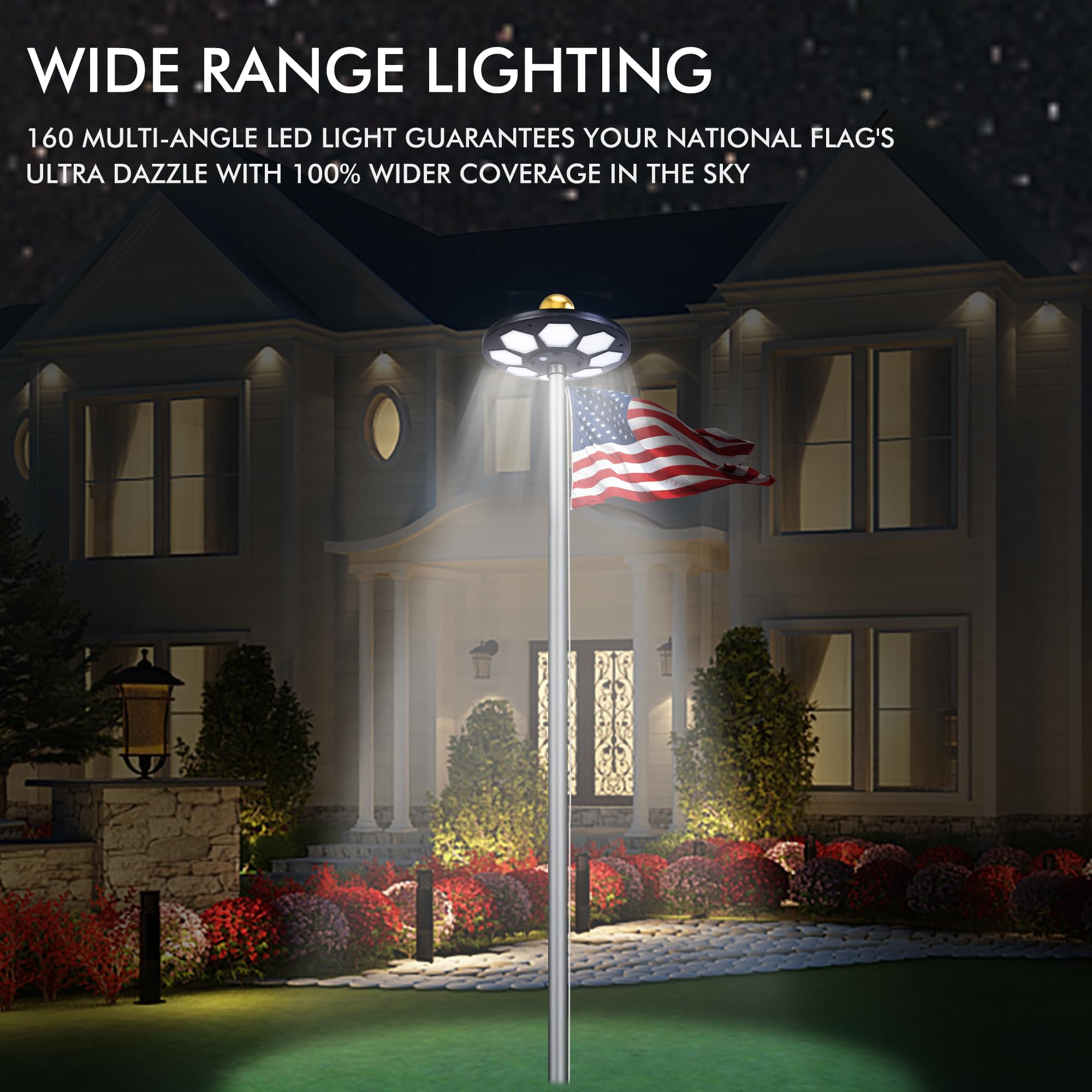 PPQ Solar Flag Pole Light in dusk-to-dawn mode keeps the flag visible after sunset