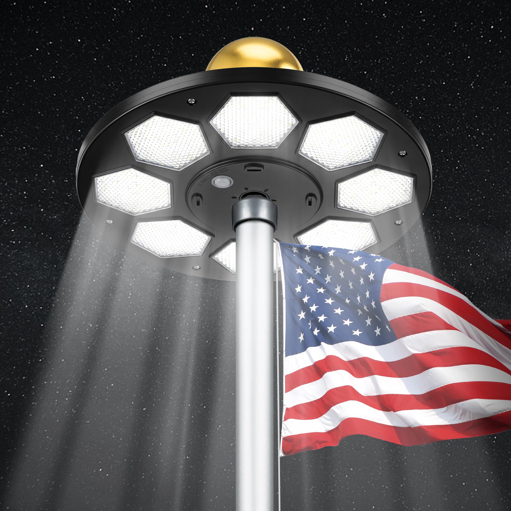PPQ Solar Flag Pole Light front view showing bright 160 LEDs for nighttime flag illumination