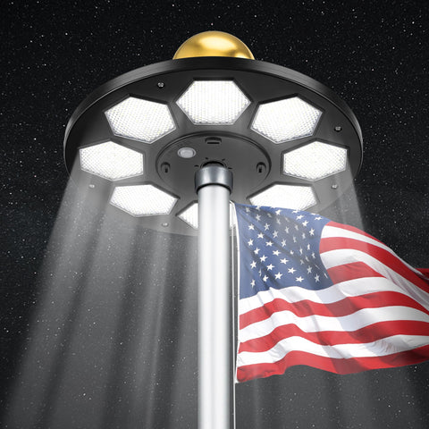 PPQ Solar Flag Pole Light front view showing bright 160 LEDs for nighttime flag illumination
