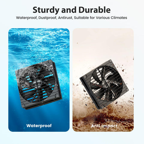 pqins outdoor-use fan with two 20W solar panels and battery.