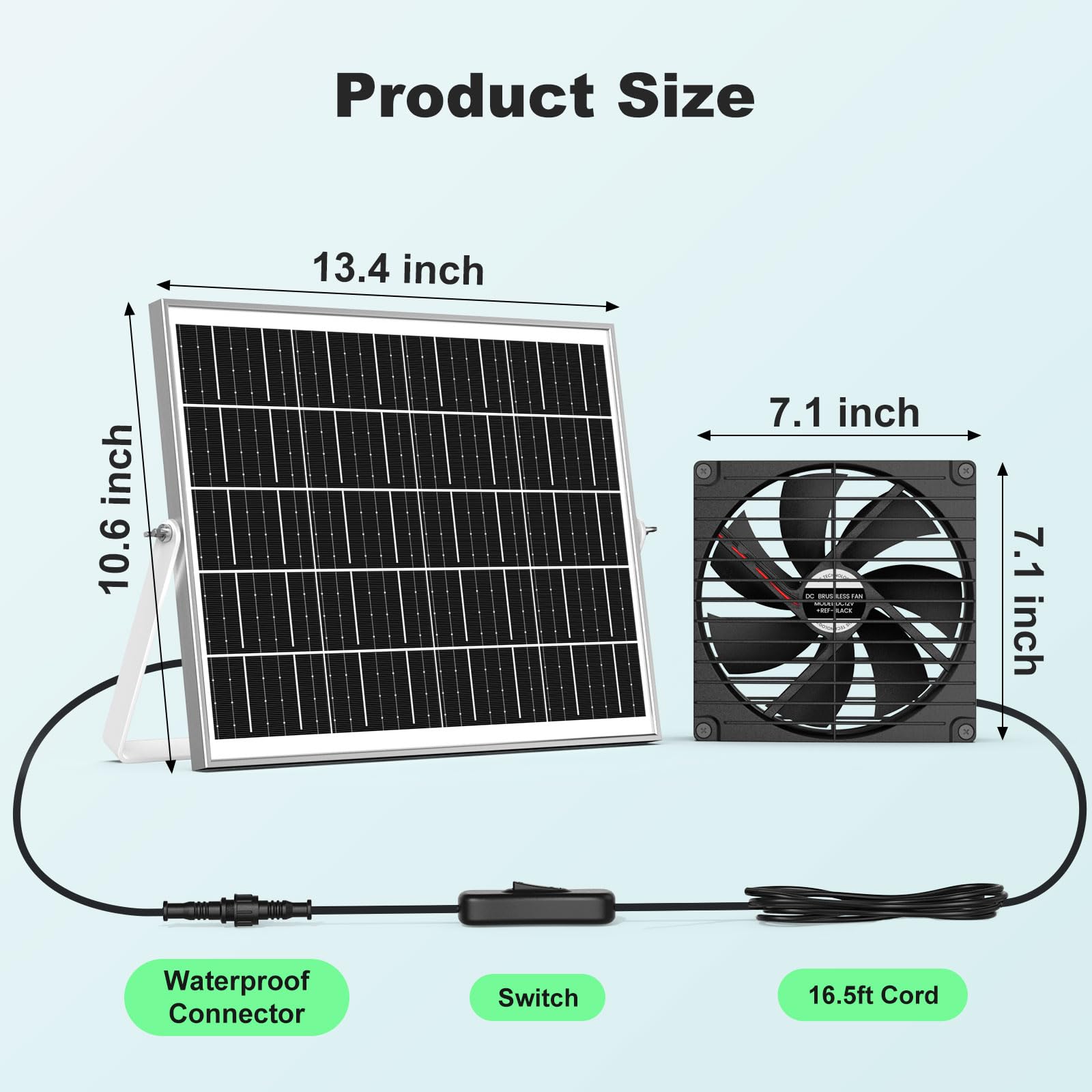 pqins solar panel with 16.5 ft cable layout enabling flexible venting.