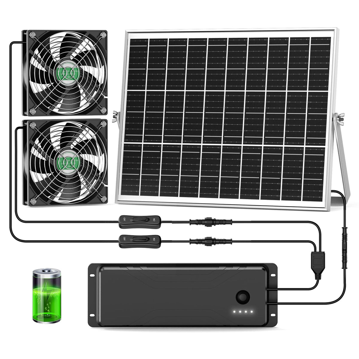 pqins solar panel and fan assembly demonstrating integrated power for outdoor ventilation