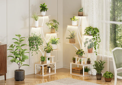 PRAISUN open-base-corner-plant-rack fits tight corners.