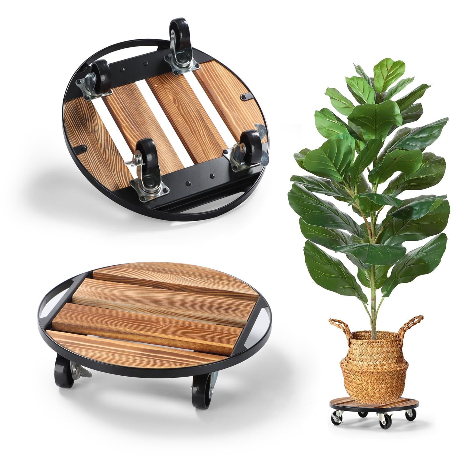 PRAQECZ plant caddy with wheels for 12-inch round pots, easy indoor-outdoor mobility.