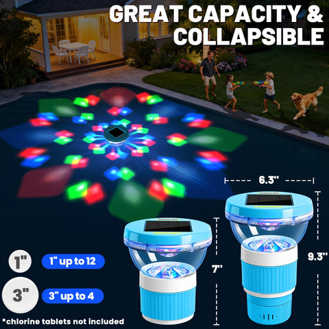 PRAXXIS LED disco sphere on a floating chlorine dispenser for night ambience.