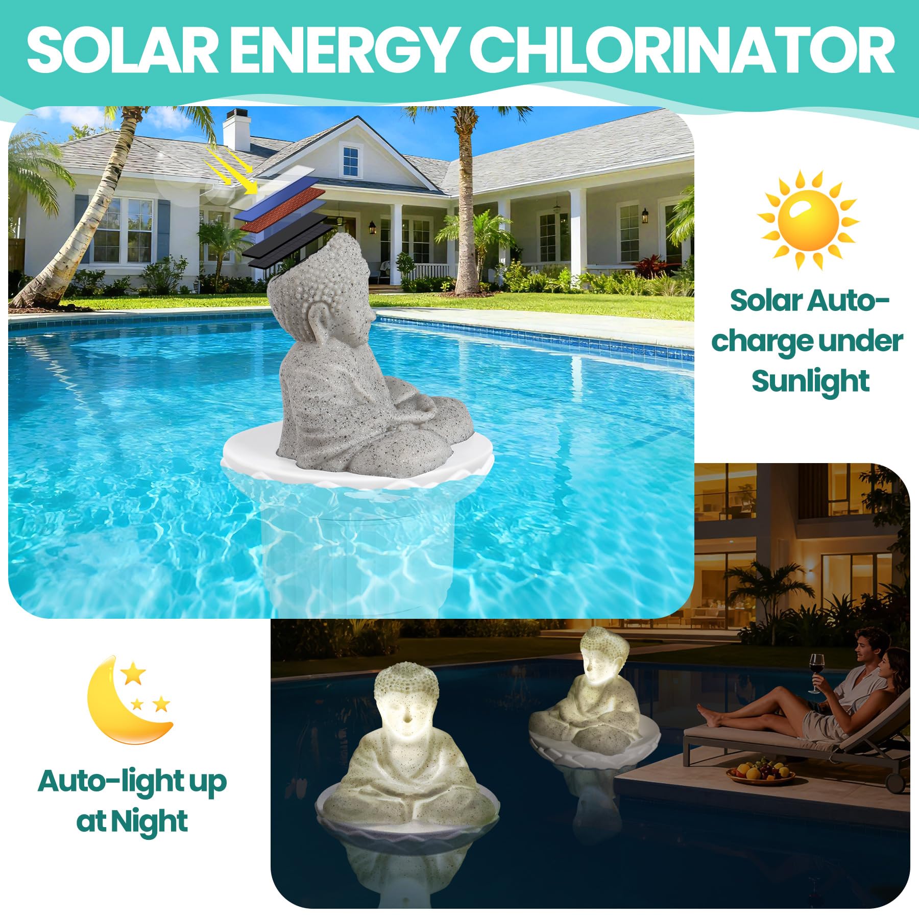 PRAXXIS solar Buddha light and chlorine dispenser delivers dusk glow and easy maintenance.