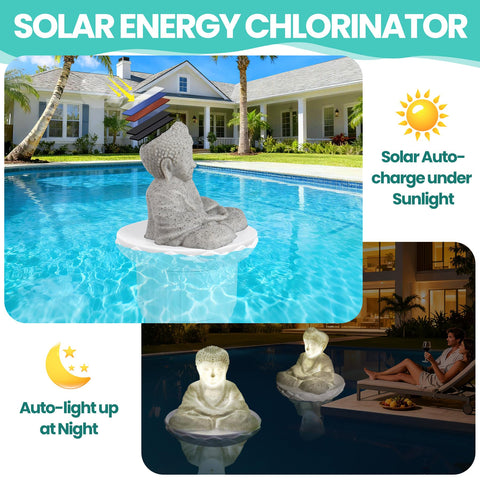 PRAXXIS solar Buddha light and chlorine dispenser delivers dusk glow and easy maintenance.