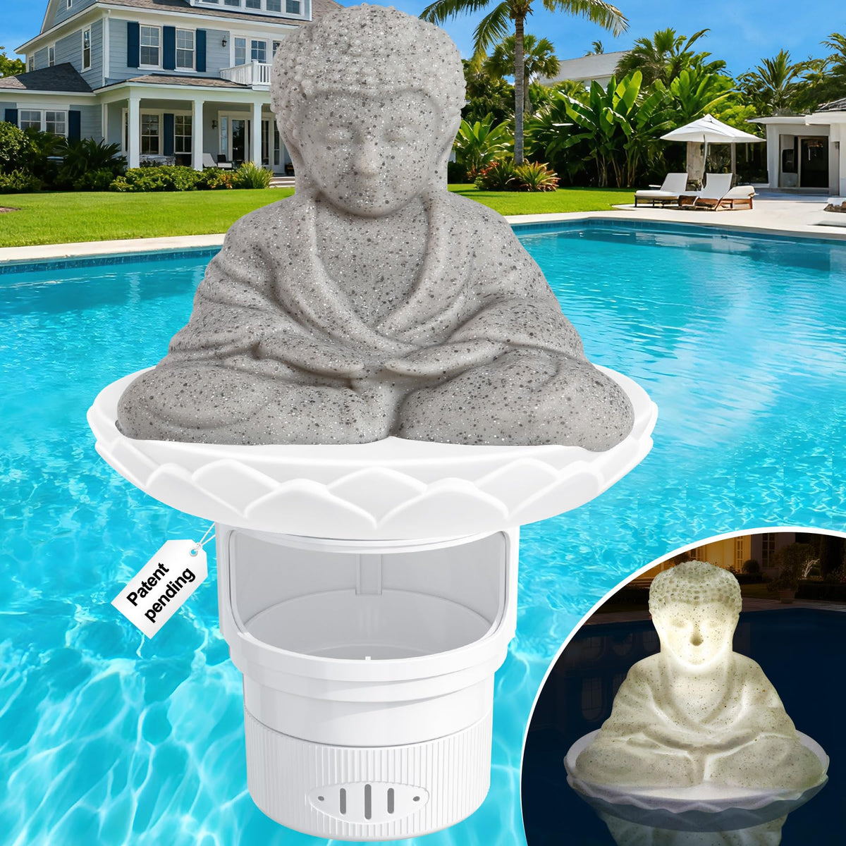 PRAXXIS Buddha Statue solar chlorine floater in white, adding zen ambiance to your pool.