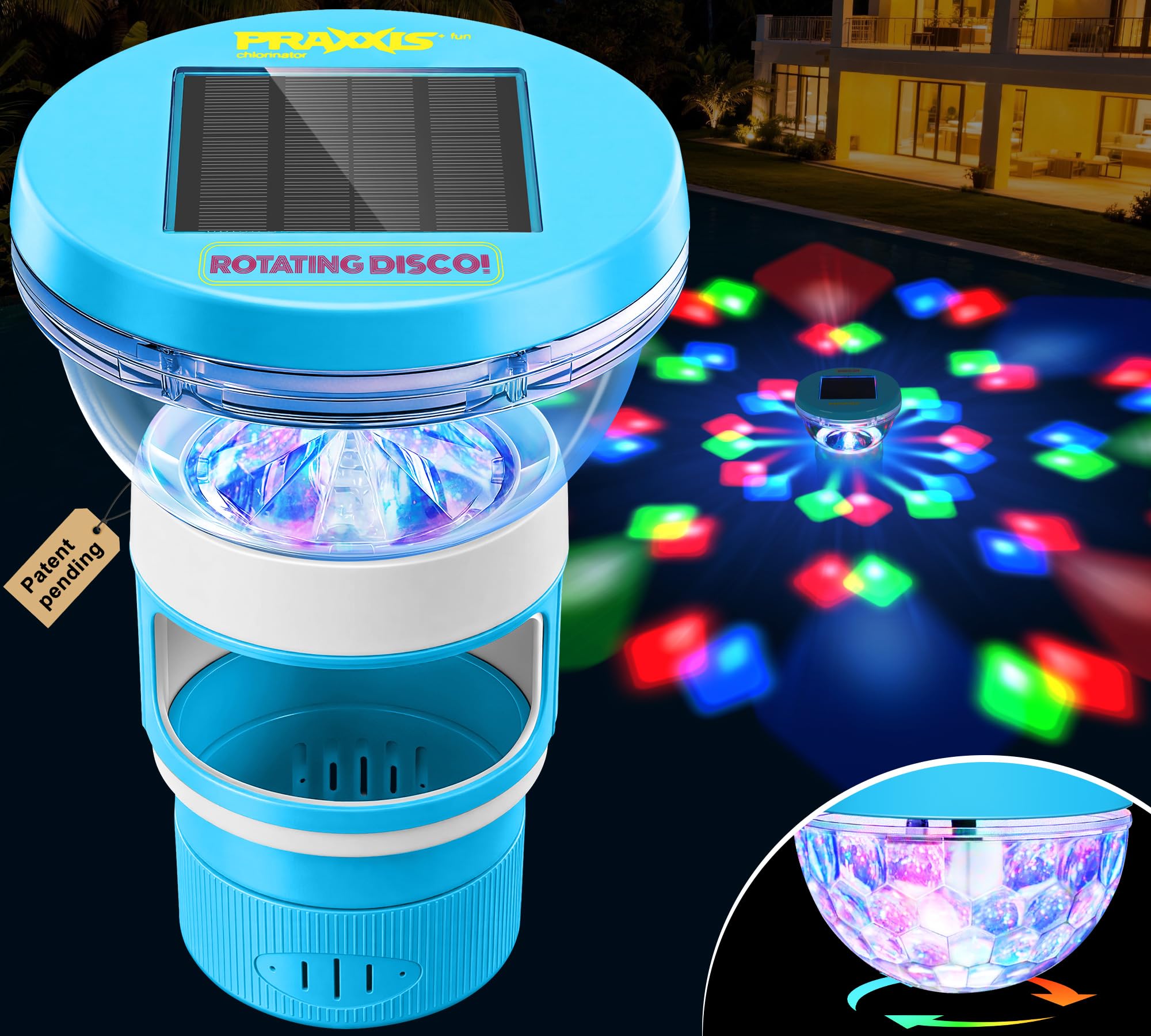 PRAXXIS solar chlorine floater with disco light brightens pool parties with solar power.