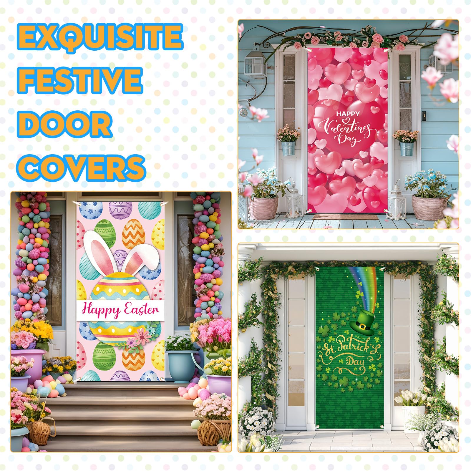 Preboun Easter eggs and spring flowers door cover; festive decoration for holidays.