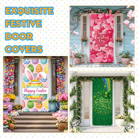 Preboun Easter eggs and spring flowers door cover; festive decoration for holidays.