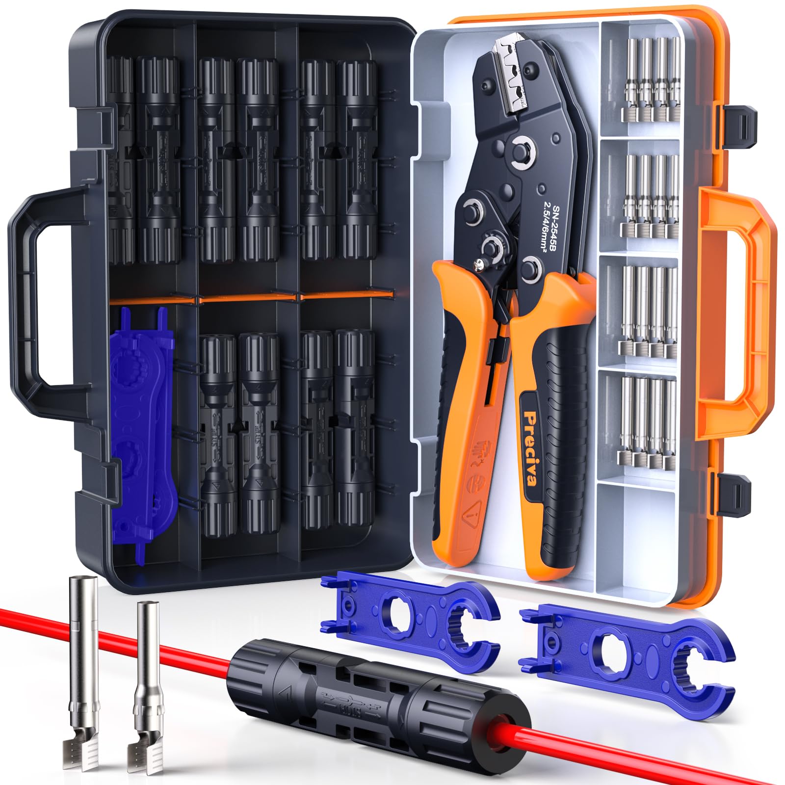 Preciva solar crimping tool with ratcheting crimper for precise crimps on solar cables
