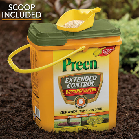 Preen Extended Control Weed Preventer applied around perennials maintains neat borders.
