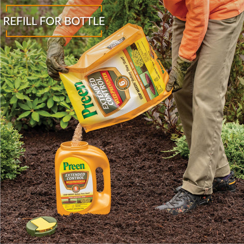 Not for flower seeds, lawns, or edible gardens with Preen Extended Control Weed Preventer.