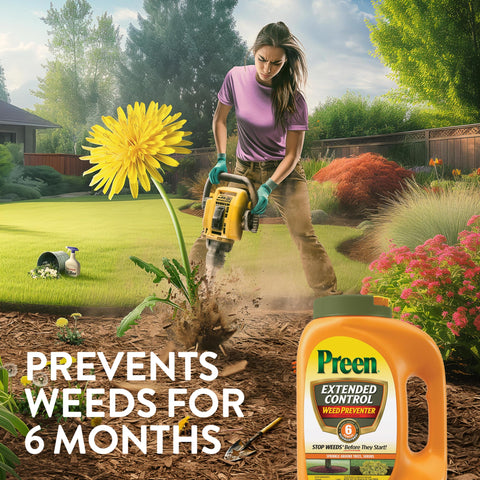 Preen Extended Control Weed Preventer shows six-month weed protection in landscape