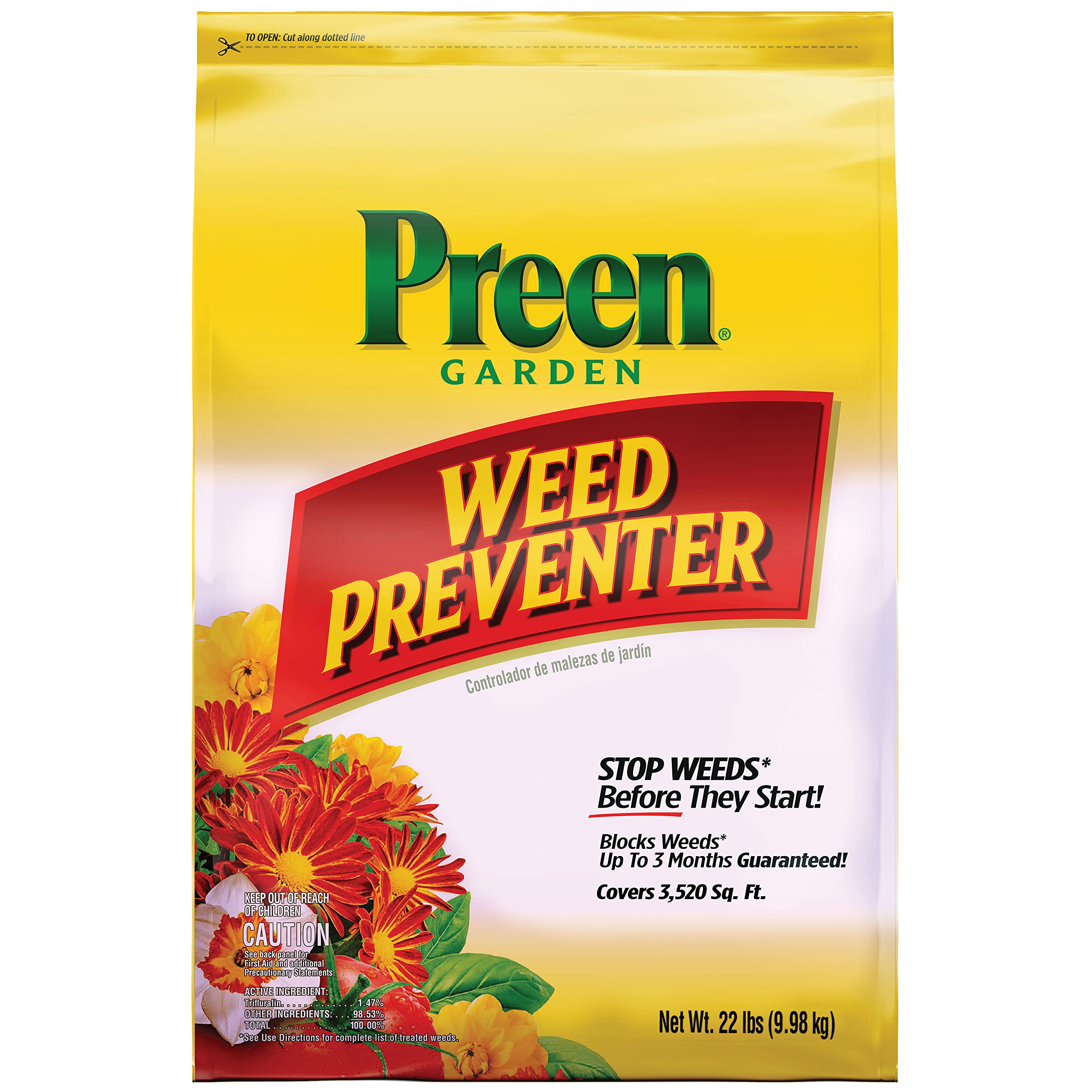 Preen Garden Weed Preventer 22lb bag for long-lasting weed suppression in beds