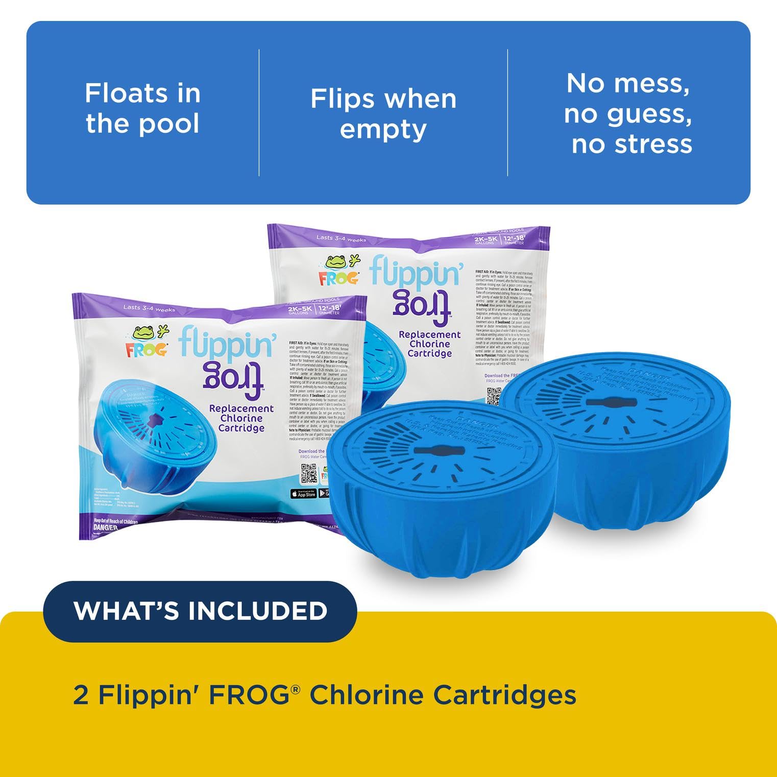 Prefilled chlorine cartridge twists on for hassle-free pool upkeep.