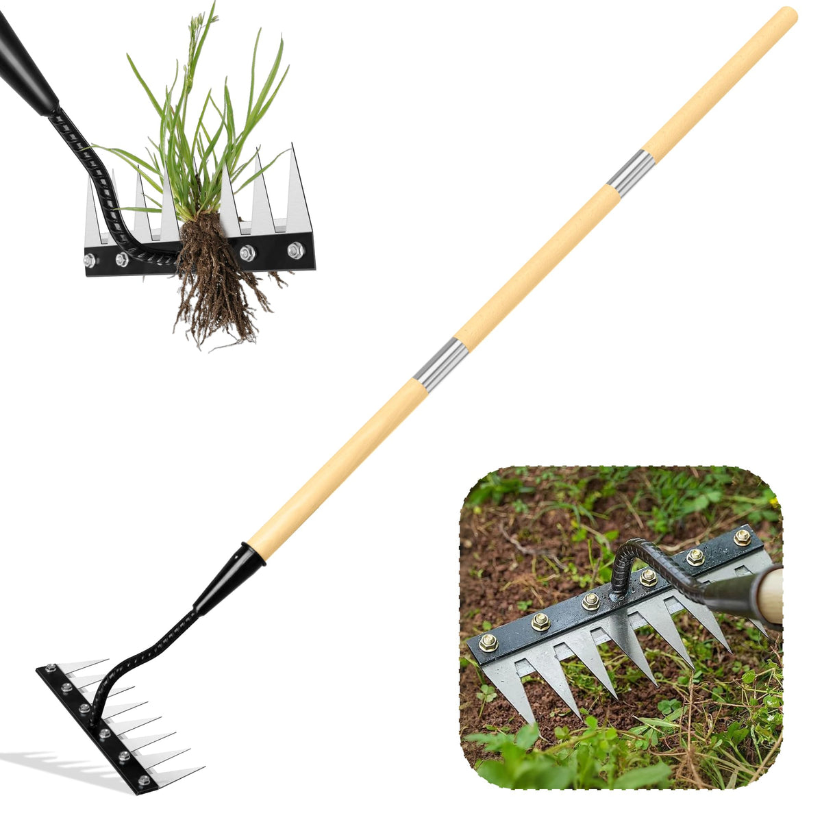 PREMJIN iron weeding rake with 8-teeth head grips weeds at the root