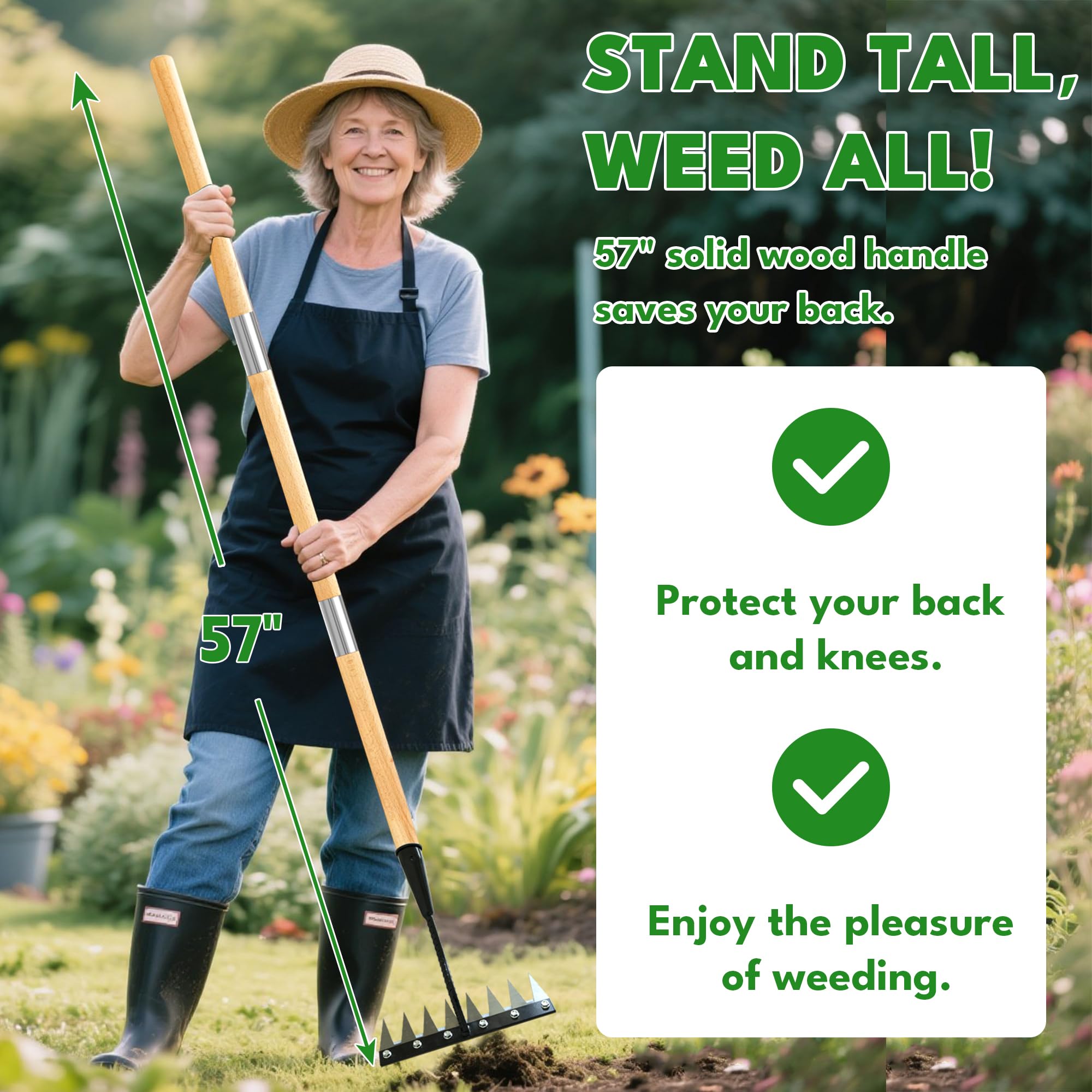 PREMJIN iron weeding rake with extended handle enables standing gardening comfort