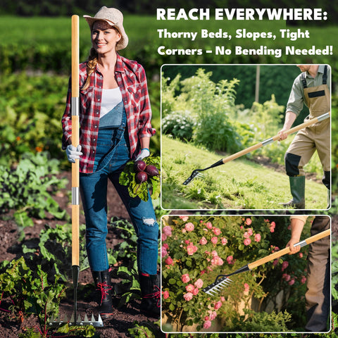 PREMJIN iron weeding rake in action during garden weeding task