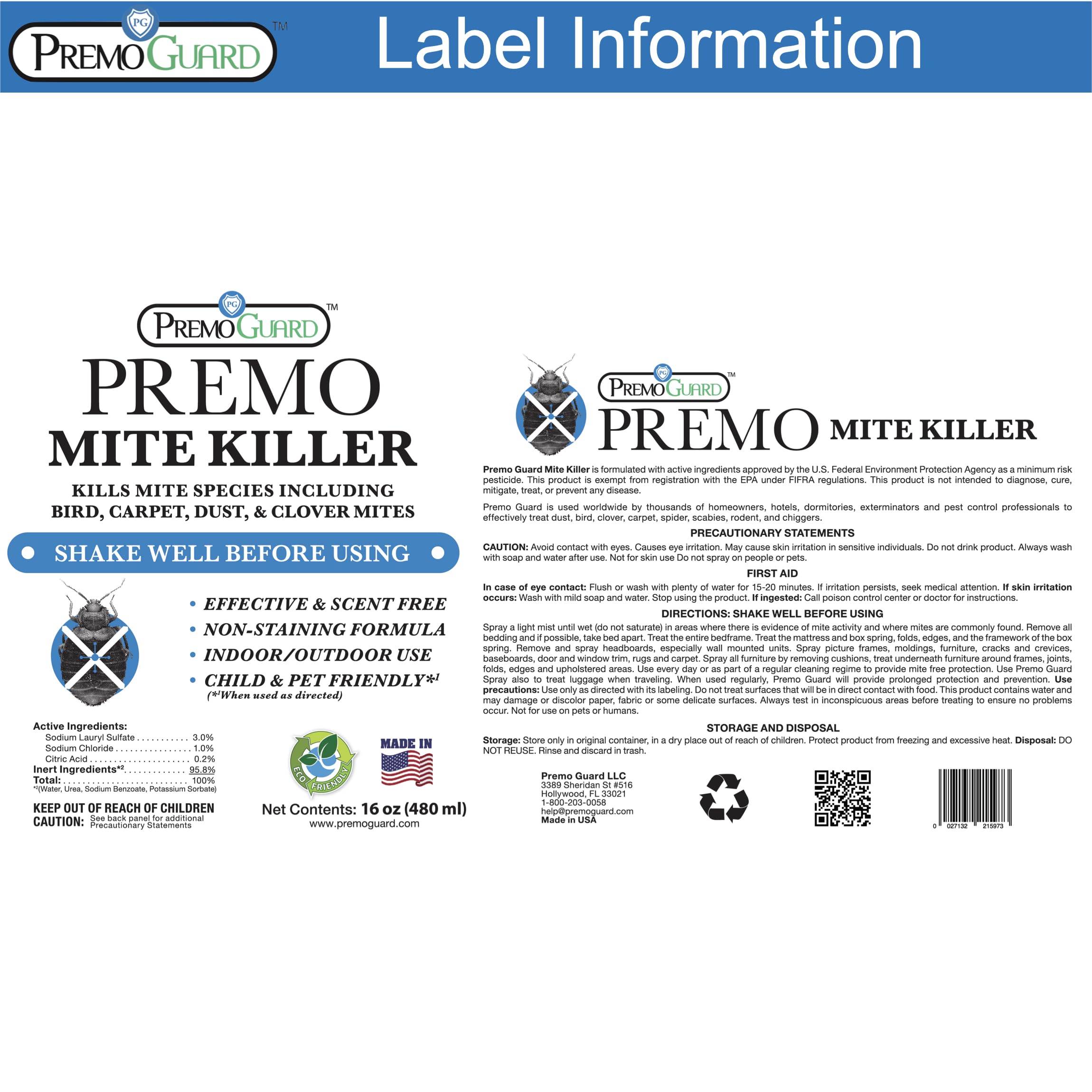 Premo Guard 16 oz value size shown as family-friendly mite solution.