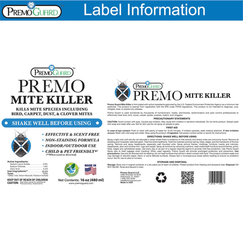 Premo Guard 16 oz value size shown as family-friendly mite solution.