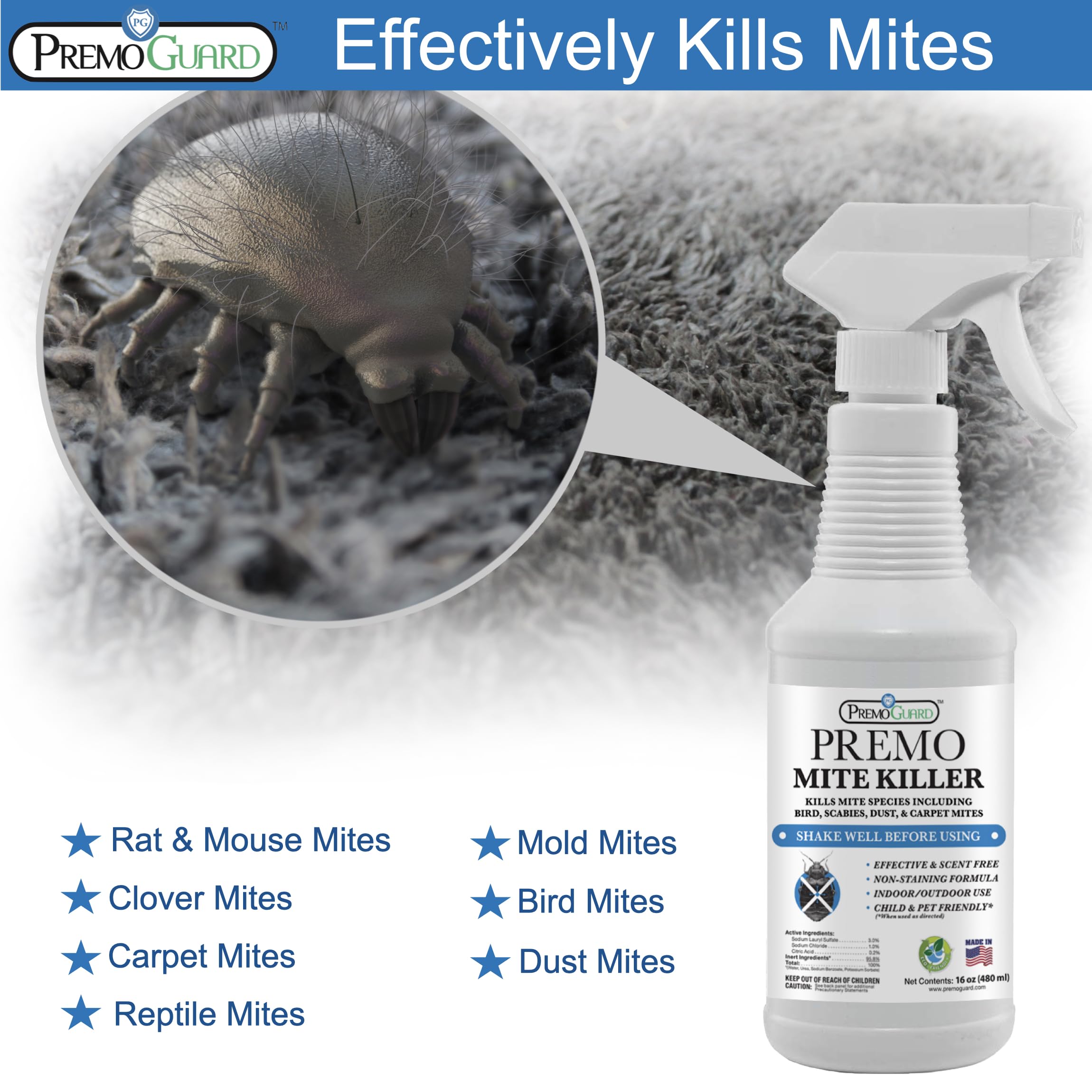 Premo Guard USA-made packaging highlights quality standards for household mite control.
