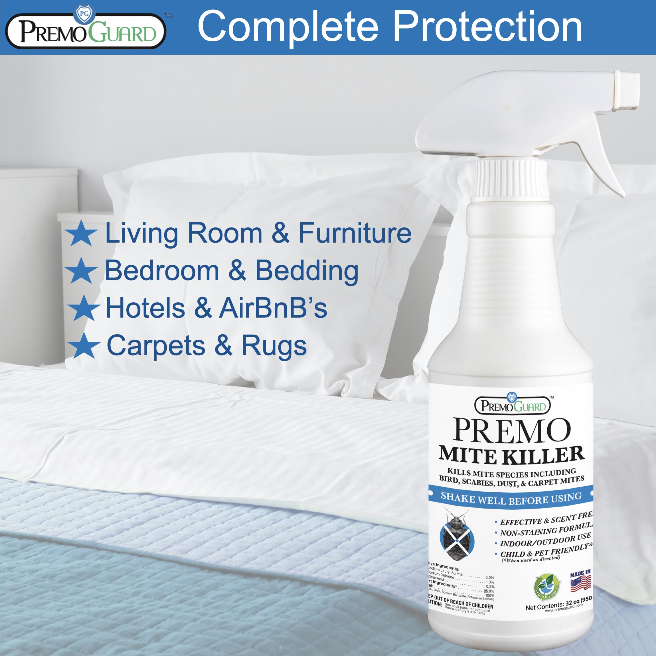 Premo Guard kids and pets area safe label emphasizes gentle use.