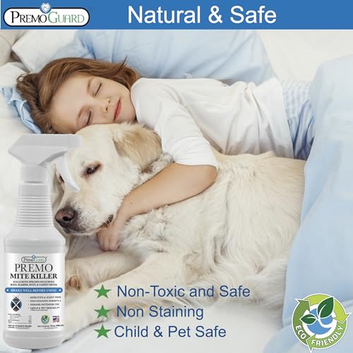 Premo Guard mite spray applied to fabric shows safe treatment for couches and bedding.