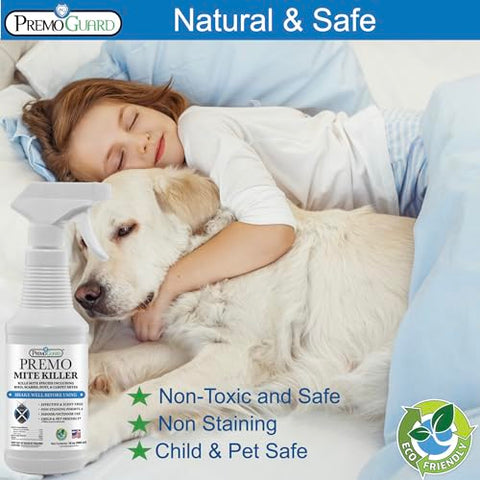 Premo Guard mite spray applied to fabric shows safe treatment for couches and bedding.