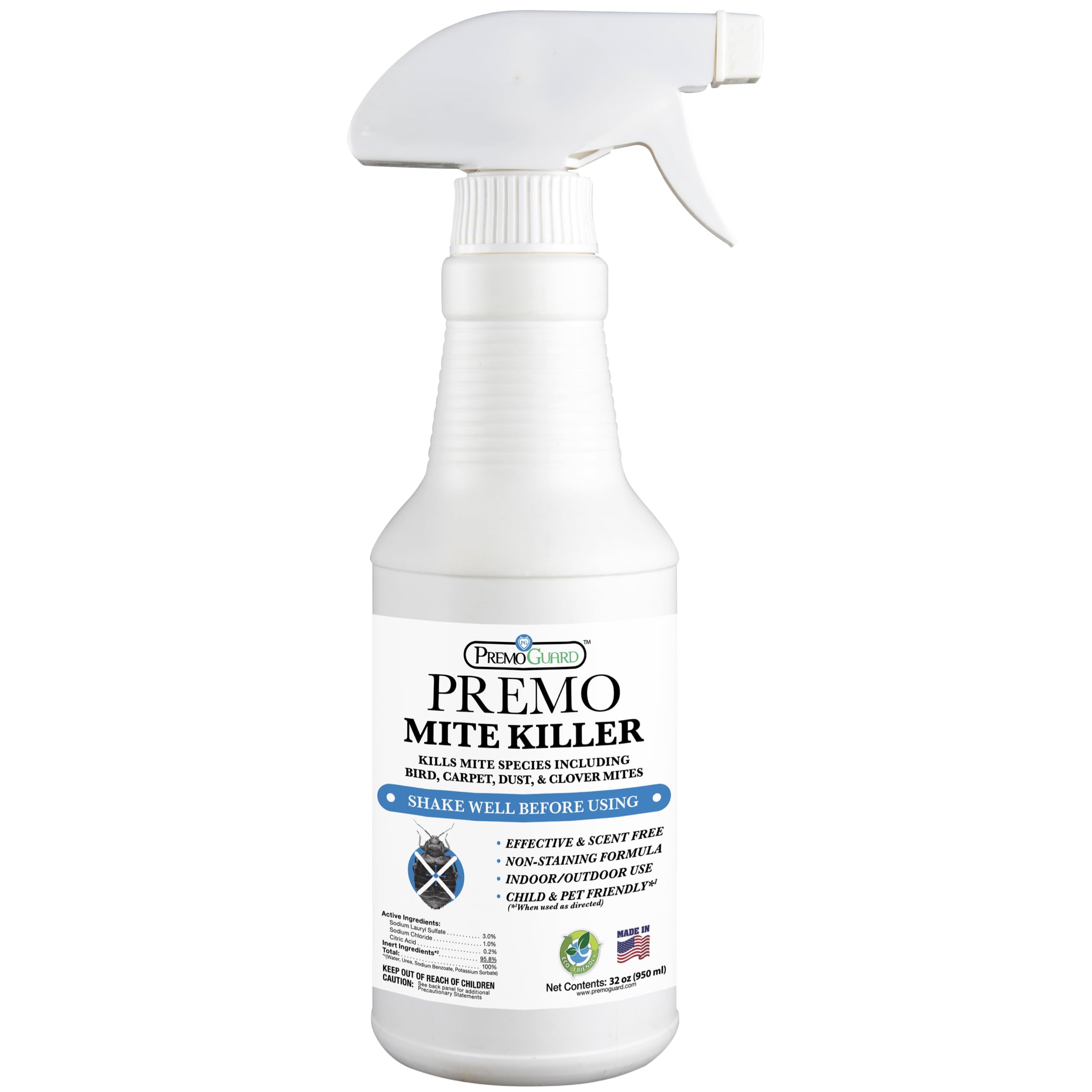 Premo Guard natural mite spray bottle 32 oz for safe family-friendly mite control