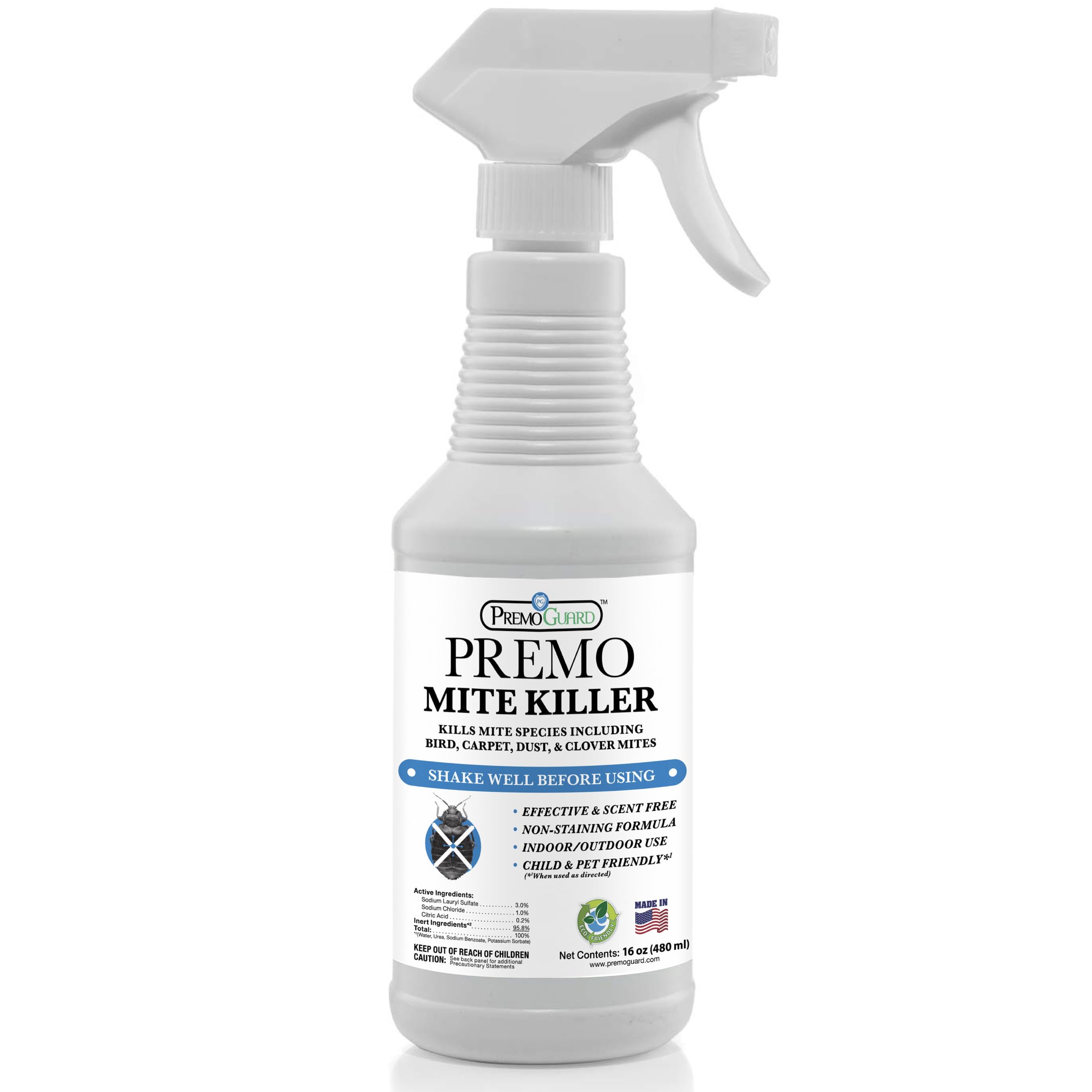 Premo Guard natural mite spray bottle front displays plant-based formula for safe home use.