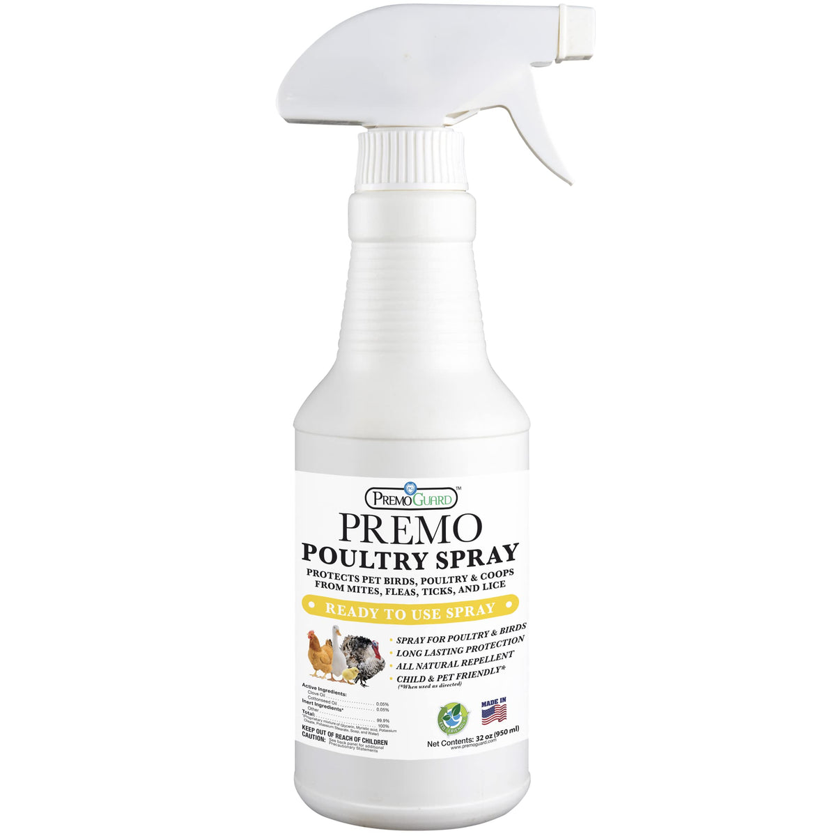 Premo Guard Poultry Spray bottle 32 oz for safe, natural pest control on flocks.
