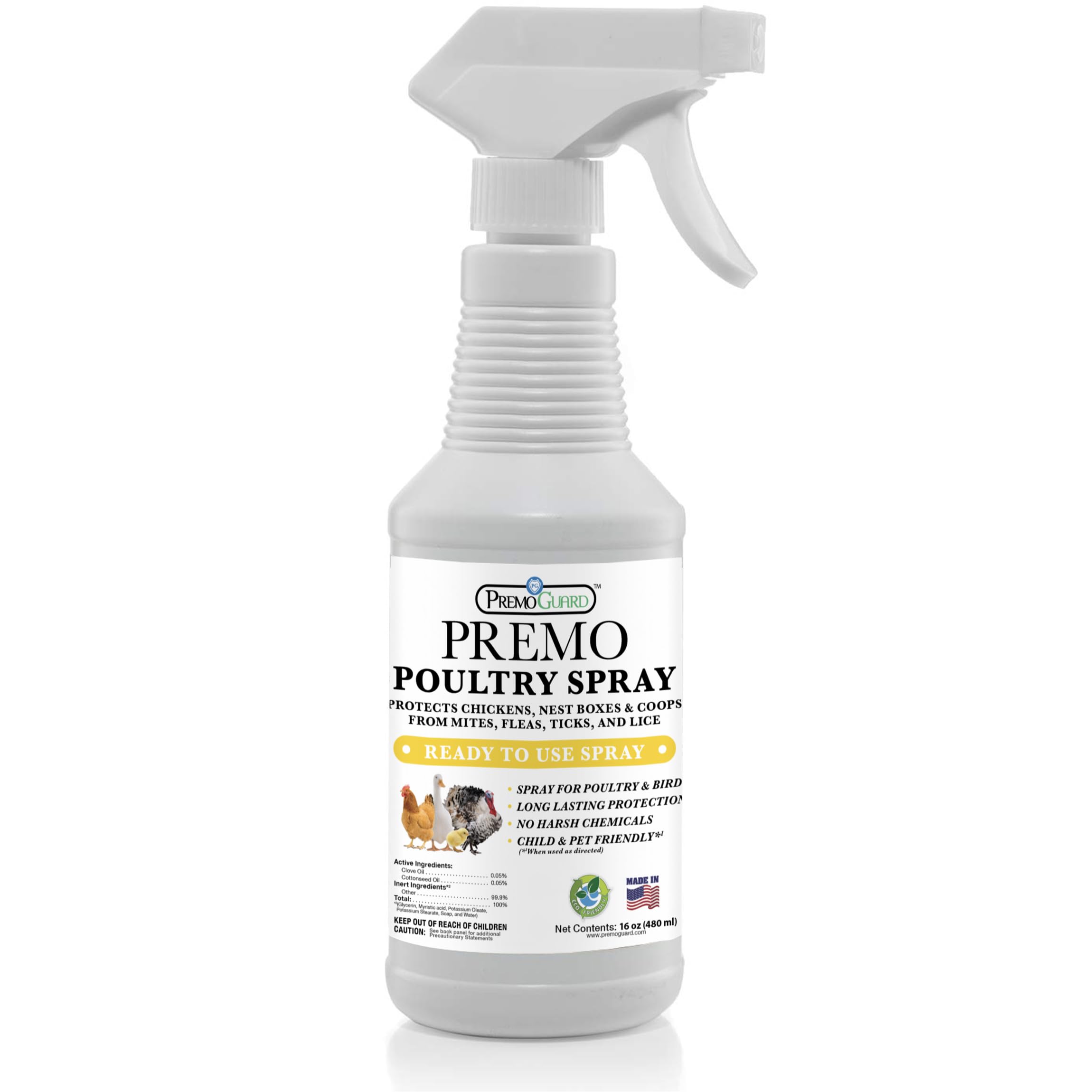 Premo Guard Poultry Spray bottle 16oz shown applying natural oils to protect chickens from pests