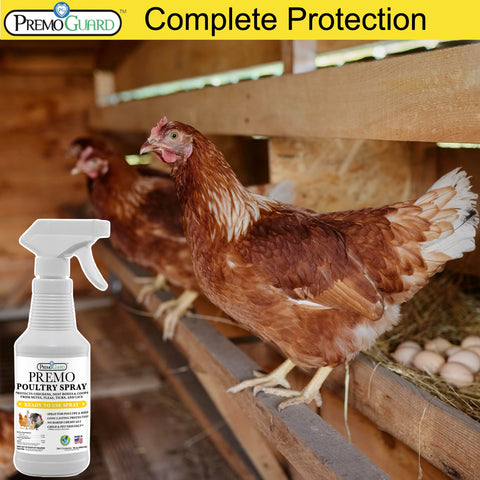 Premo Guard Poultry Spray reduces fleas and ticks in runs and yards