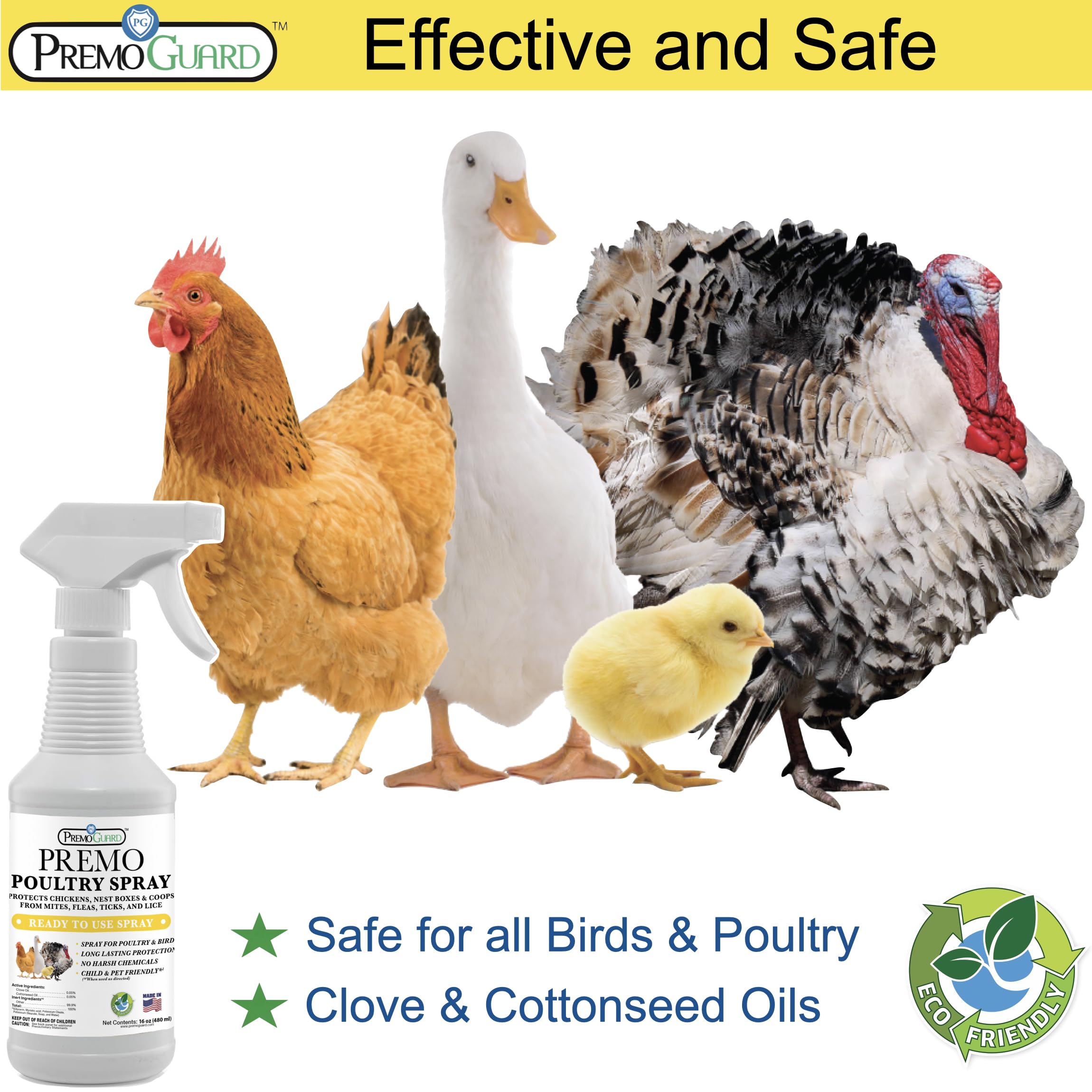 Premo Guard Poultry Spray on chickens delivering quick knockdown of mites and lice