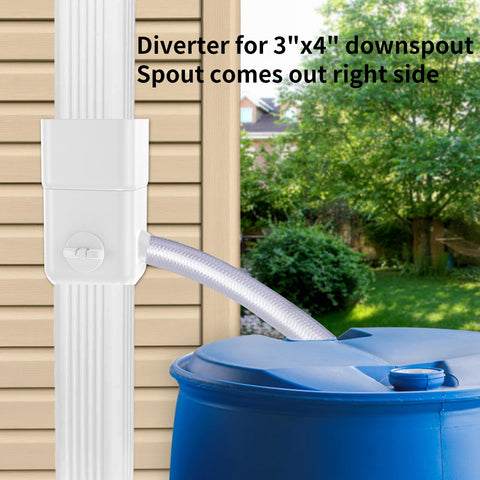 Prestantious downspout diverter close-up with adjustable valve for volume control.