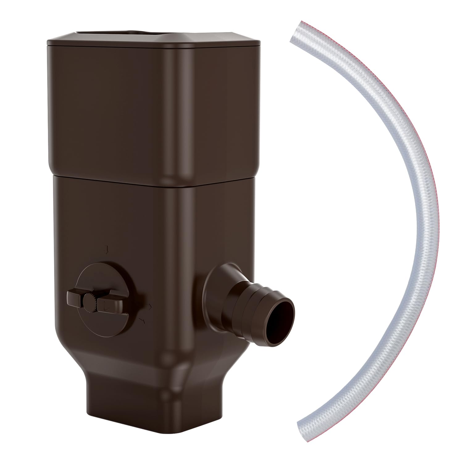 Prestantious downspout diverter left outlet directing rain into a barrel