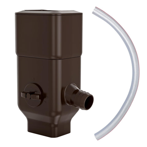 Prestantious downspout diverter left outlet directing rain into a barrel