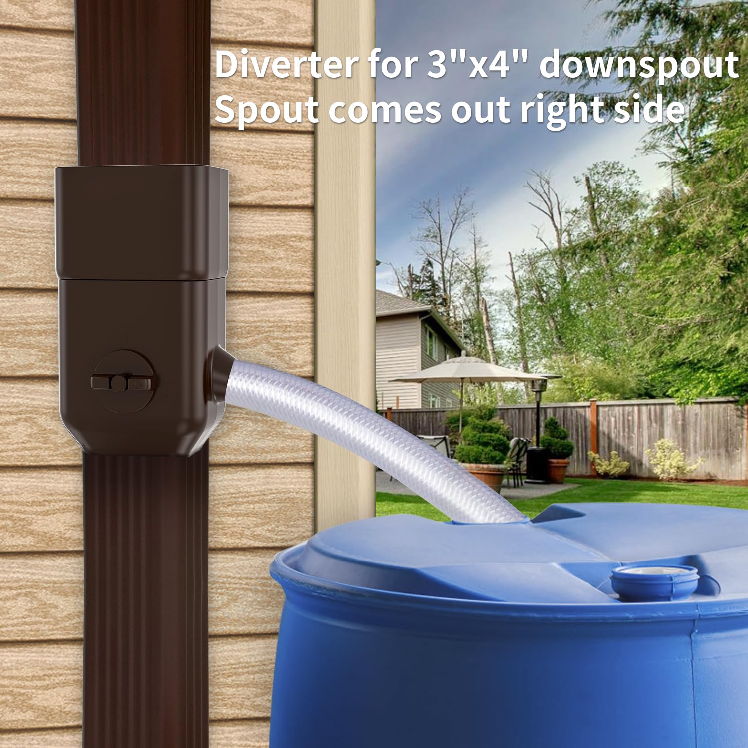 Prestantious downspout diverter right outlet directing rain into a barrel