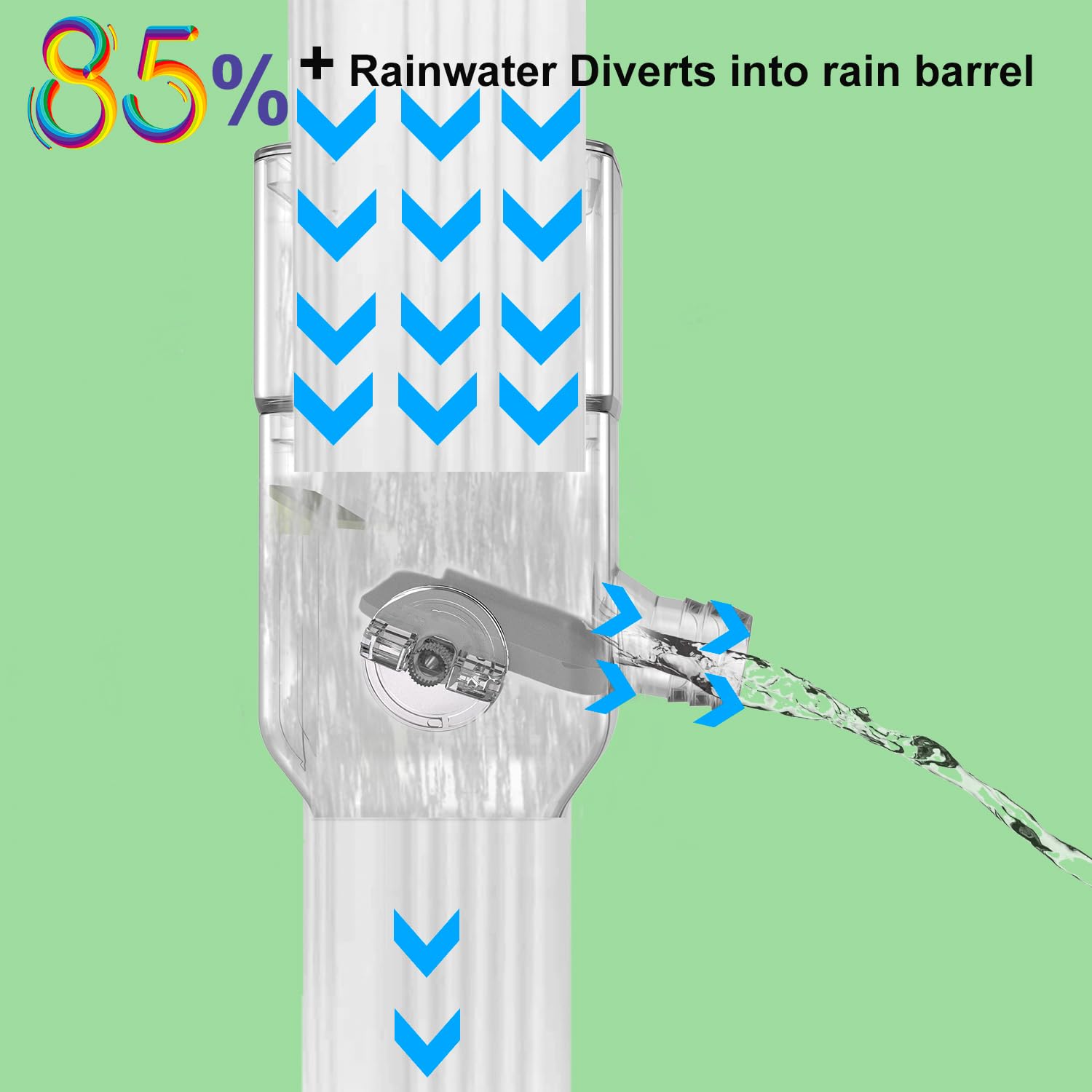 Prestantious rainwater diverter directs water left toward rain barrel in backyard setup.