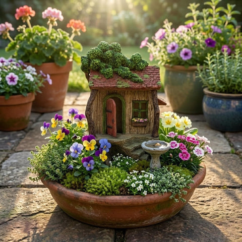 PRETMANNS Fairy Garden House exterior showcases colorful detailing for charming outdoor decor