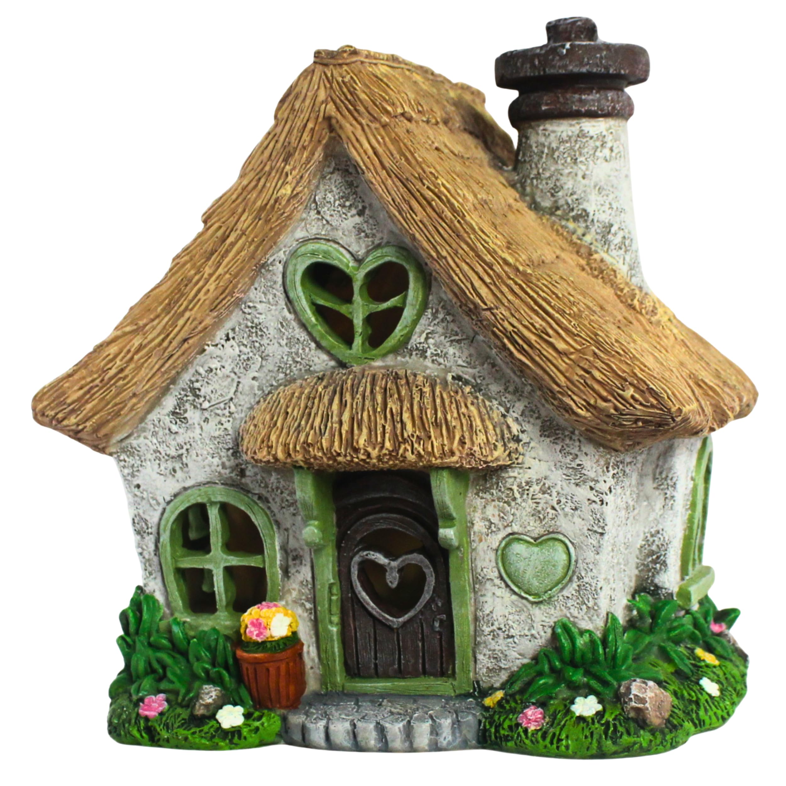 PRETMANNS Fairy House with outdoor solar LED lights lights up garden paths after dusk.