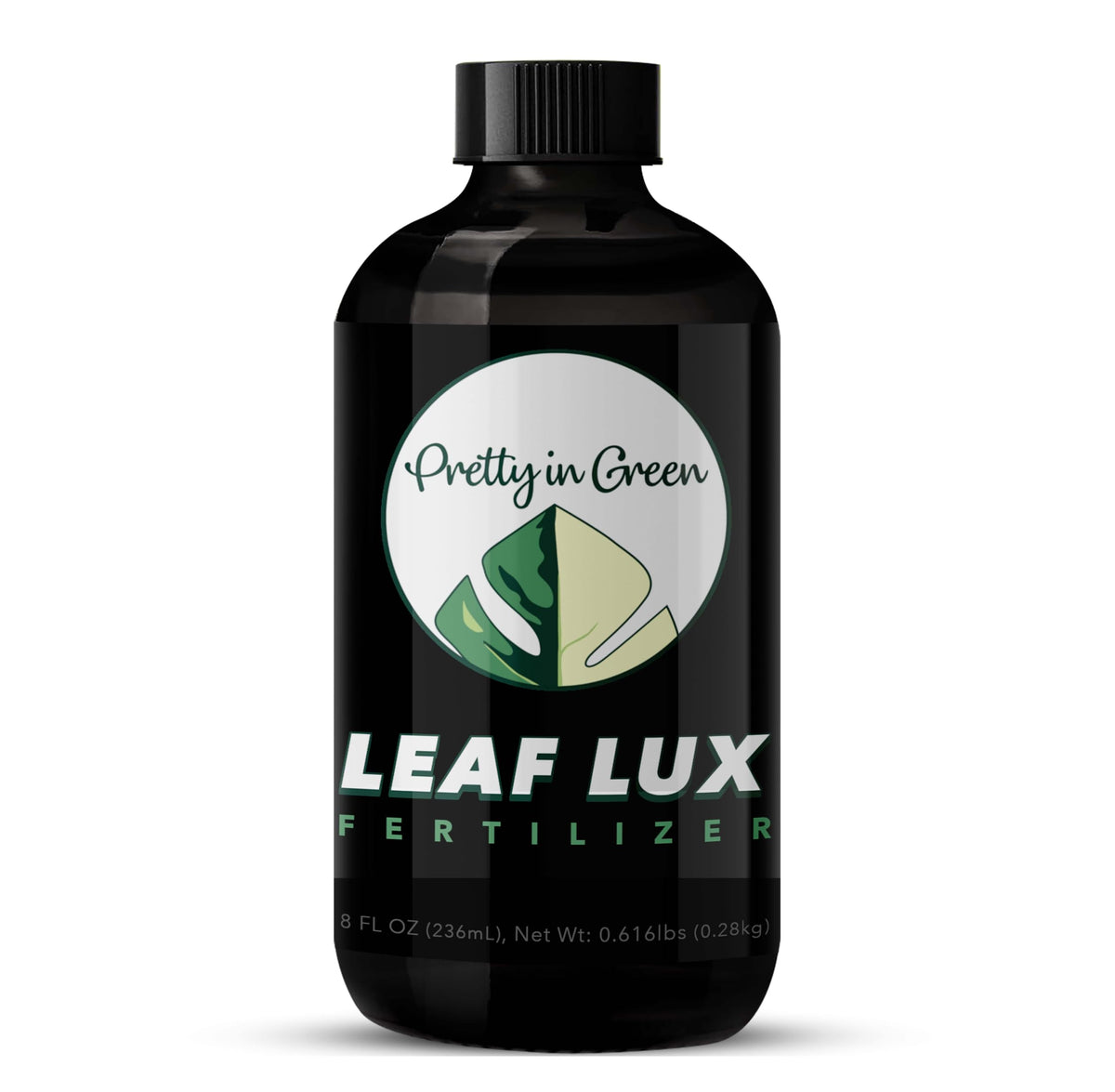 Pretty in Green Leaf LUX bottle closeup showing odorless formula for all plants