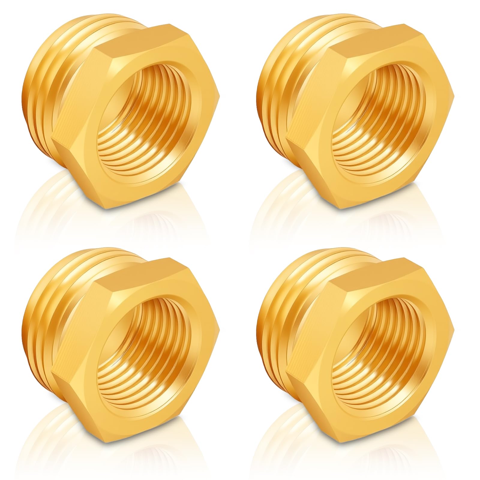 Pretwad brass hose adapter 4-pack connects 3/4 GHT to 1/2 NPT for garden use.