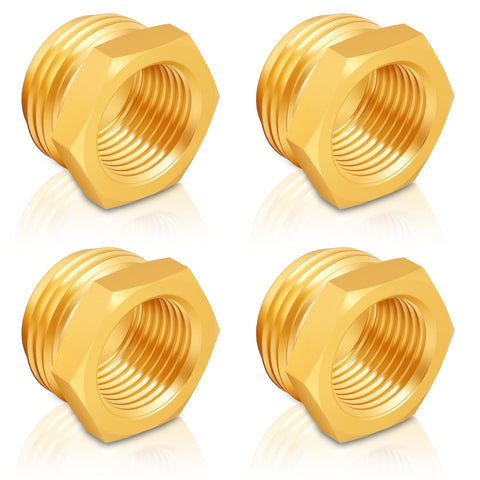 Pretwad brass hose adapter 4-pack connects 3/4 GHT to 1/2 NPT for garden use.