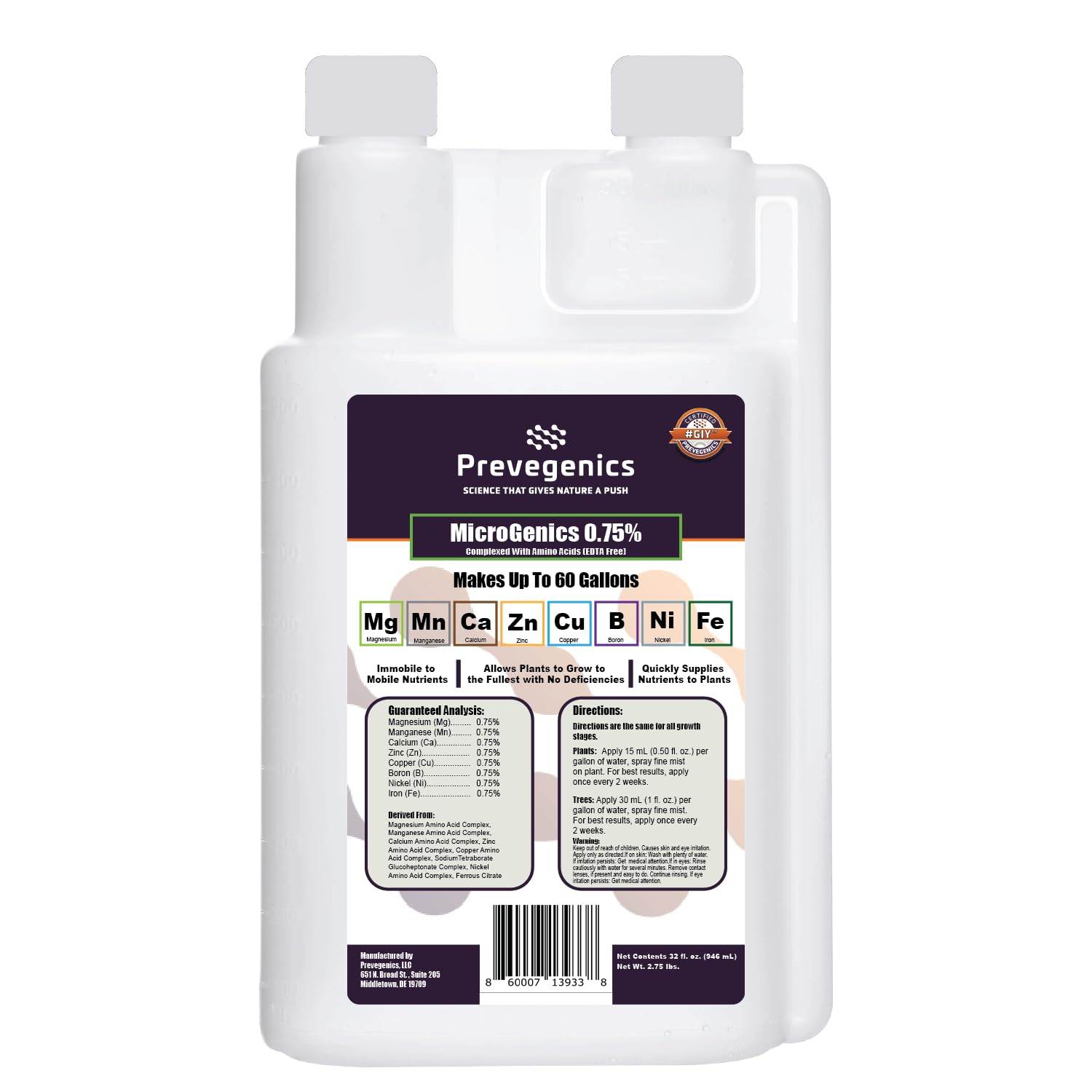 Prevegenics MicroGenics 0.75% bottle for easy foliar fertilizer application