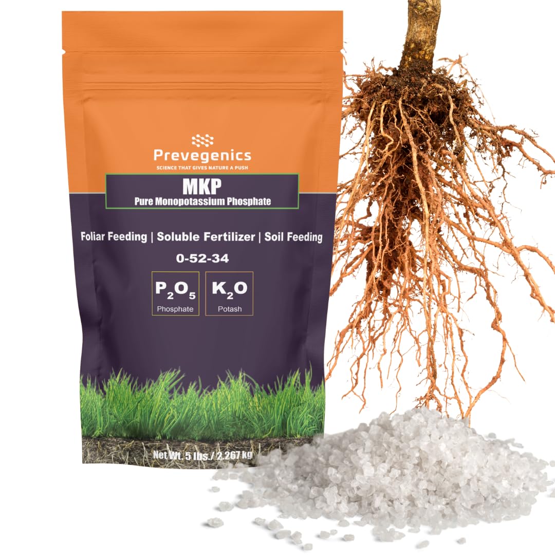 Prevegenics MKP fertilizer bottle label highlighting high phosphorus and potassium for root and bloom support.
