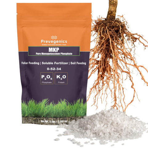 Prevegenics MKP fertilizer bottle label highlighting high phosphorus and potassium for root and bloom support.